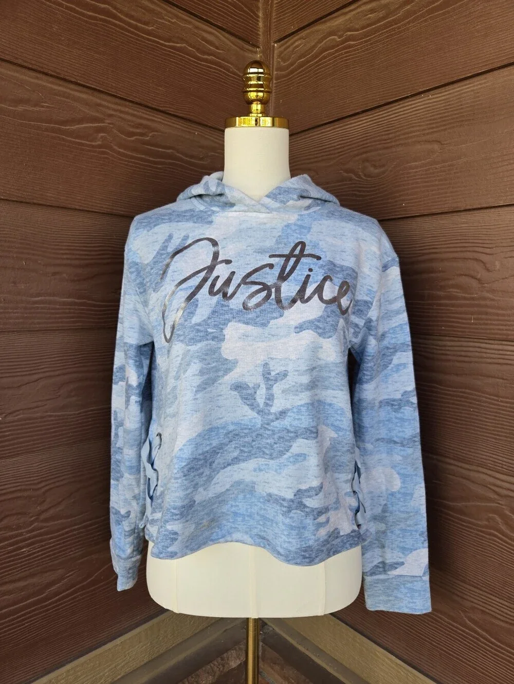 Justice Girls Blue Camo Cropped Hooded Sweatshirt with Silver Foil Chest Logo